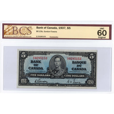 $5 1937 Bank of Canada Note Gordon-Towers E/C Prefix BC-23b - BCS UNC-60