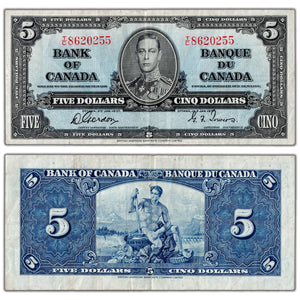 $5 1937 Bank of Canada Note Gordon-Towers T/C Prefix BC-23b - VF