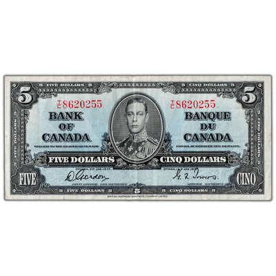 $5 1937 Bank of Canada Note Gordon-Towers T/C Prefix BC-23b - VF