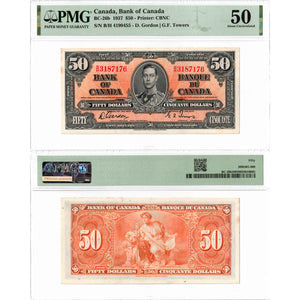 $50 1937 Bank of Canada Note Gordon-Towers B/H Prefix BC-26b - PMG AU-50