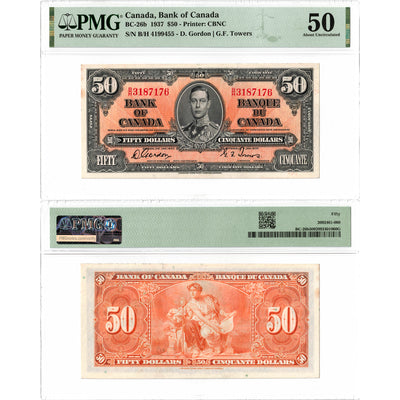 $50 1937 Bank of Canada Note Gordon-Towers B/H Prefix BC-26b - PMG AU-50