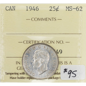SOLD Canada 1946 25 Cents Quarter Silver Coin - ICCS MS-62