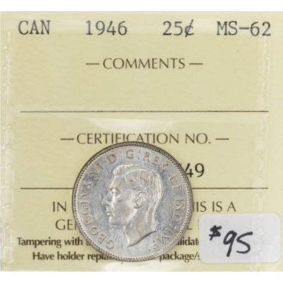 SOLD Canada 1946 25 Cents Quarter Silver Coin - ICCS MS-62