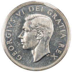 Obverse of a Canada 1948 $1 Silver Dollar key date coin (ICCS MS-60, SKU: XZX 747), featuring the uncrowned profile portrait of King George VI facing left, surrounded by GEORGIUS VI DEI GRATIA REX.