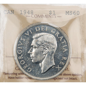 Canada 1948 $1 Silver Dollar Coin Key Date! - ICCS MS-60