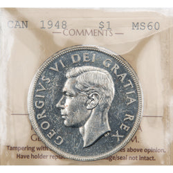 Front of ICCS protective slab encapsulation holder for a Canada 1948 $1 Silver Dollar key date coin (Grade MS-60, SKU: XZX 747), displaying the official ICCS yellow certification insert label with grade, serial number, and certification details above the coin.