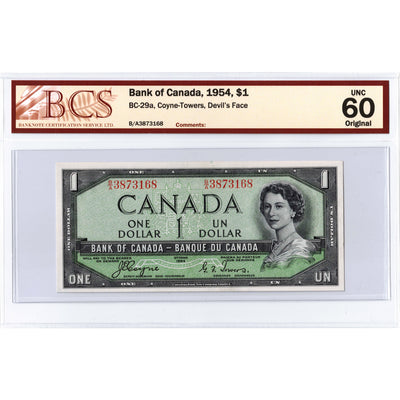 $1 1954 Bank of Canada Note Devil Face B/A Prefix BC-29a - BCS UNC-60