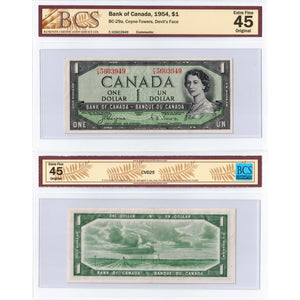 $1 1954 Bank of Canada Note Devil Face F/A Prefix BC-29a - BCS EF-45