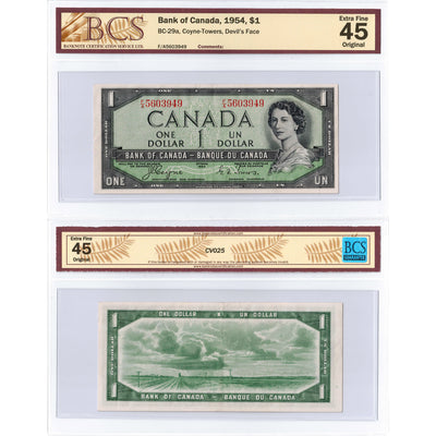 $1 1954 Bank of Canada Note Devil Face F/A Prefix BC-29a - BCS EF-45