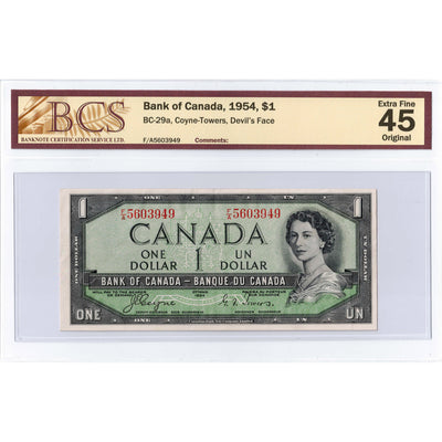 $1 1954 Bank of Canada Note Devil Face F/A Prefix BC-29a - BCS EF-45