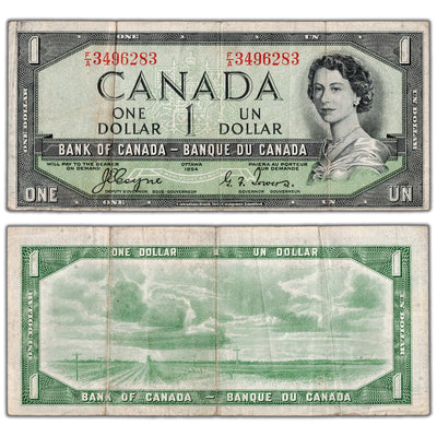 $1 1954 Bank of Canada Note Devil Face F/A Prefix BC-29a - VF