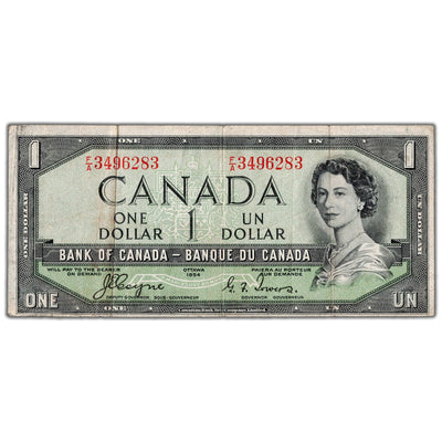$1 1954 Bank of Canada Note Devil Face F/A Prefix BC-29a - VF