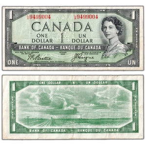$1 1954 Bank of Canada Note Devil Face L/A Prefix BC-29b - VF (minor pinholes)