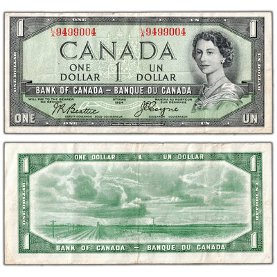 $1 1954 Bank of Canada Note Devil Face L/A Prefix BC-29b - VF (minor pinholes)