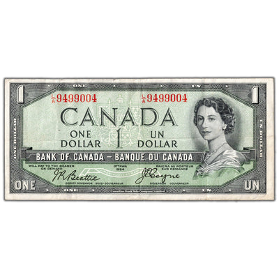 $1 1954 Bank of Canada Note Devil Face L/A Prefix BC-29b - VF (minor pinholes)