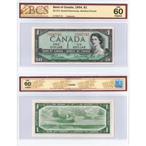 $1 1954 Bank of Canada Note Beattie-Rasminsky H/Y Prefix BC-37b - BCS UNC-60