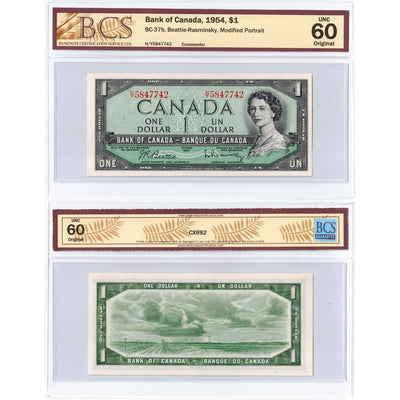 SOLD $1 1954 Bank of Canada Note Beattie-Rasminsky H/Y Prefix BC-37b - BCS UNC-60