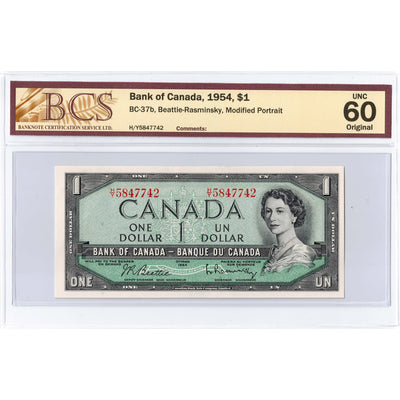SOLD $1 1954 Bank of Canada Note Beattie-Rasminsky H/Y Prefix BC-37b - BCS UNC-60