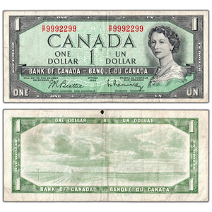 $1 1954 Bank of Canada Note R/P Prefix Neat Serial 9992299 BC-37b-i - Circulated