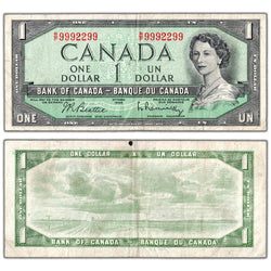 $1 1954 Bank of Canada Note R/P Prefix Neat Serial 9992299 BC-37b-i - Circulated