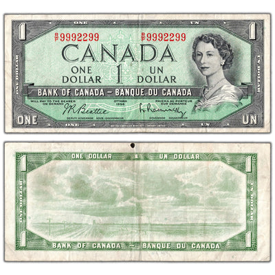 $1 1954 Bank of Canada Note R/P Prefix Neat Serial 9992299 BC-37b-i - Circulated