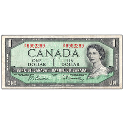 $1 1954 Bank of Canada Note R/P Prefix Neat Serial 9992299 BC-37b-i - Circulated