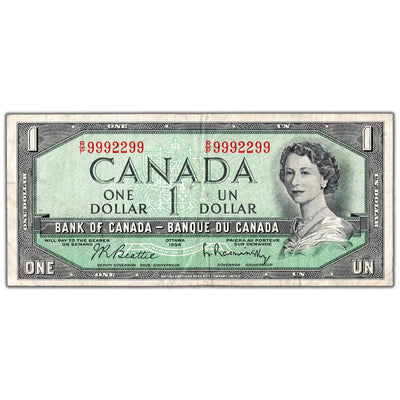 $1 1954 Bank of Canada Note R/P Prefix Neat Serial 9992299 BC-37b-i - Circulated
