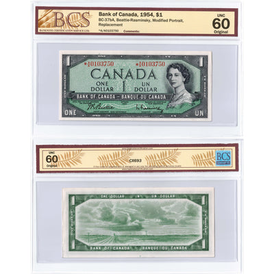 SOLD $1 1954 Bank of Canada Note *A/A Replacement Prefix BC-37bA - BCS UNC-60