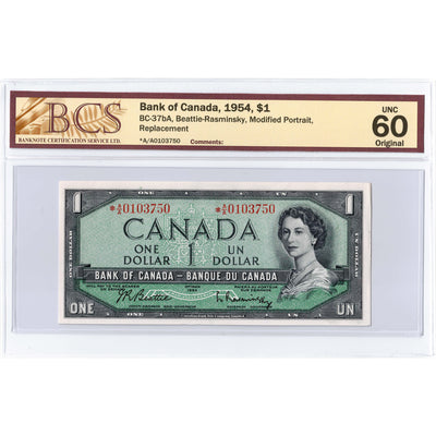 SOLD $1 1954 Bank of Canada Note *A/A Replacement Prefix BC-37bA - BCS UNC-60