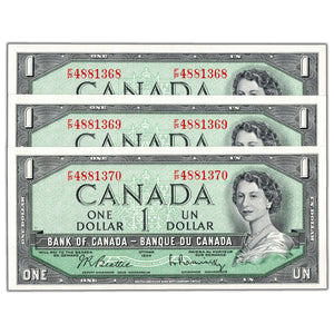 $1 1954 Bank of Canada Notes F/P Short Run Prefix BC-37b-i - 3 Consecutive AU