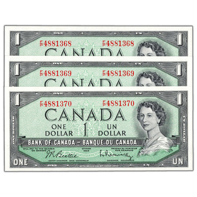 $1 1954 Bank of Canada Notes F/P Short Run Prefix BC-37b-i - 3 Consecutive AU