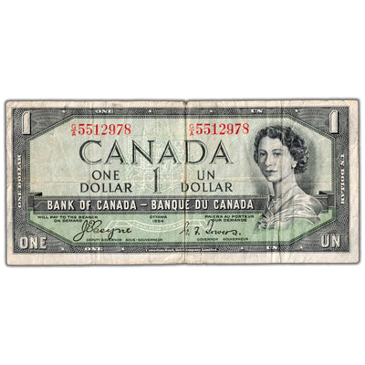 $1 1954 Bank of Canada Note Devil Face G/A Prefix BC-29a - F/VF