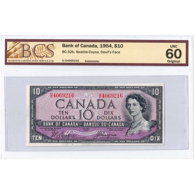 $10 1954 Bank of Canada Note Devil Face H/D Prefix BC-32b- BCS UNC-60