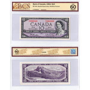 $10 1954 Bank of Canada Note Beattie-Rasminsky O/V Prefix BC-40b - BCS UNC-60