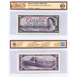 $10 1954 Bank of Canada Note Beattie-Rasminsky O/V Prefix BC-40b - BCS UNC-60