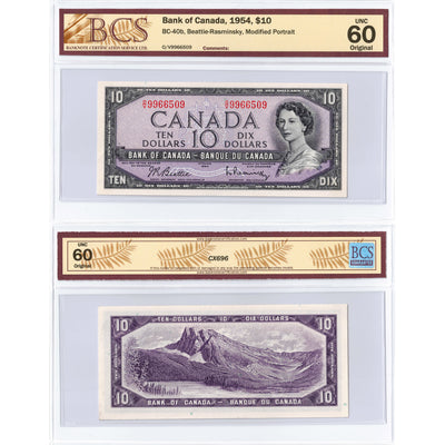 SOLD $10 1954 Bank of Canada Note Beattie-Rasminsky O/V Prefix BC-40b - BCS UNC-60