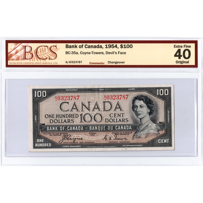 $100 1954 Bank of Canada Note Devil Face Coyne-Towers -35a - BCS EF-40