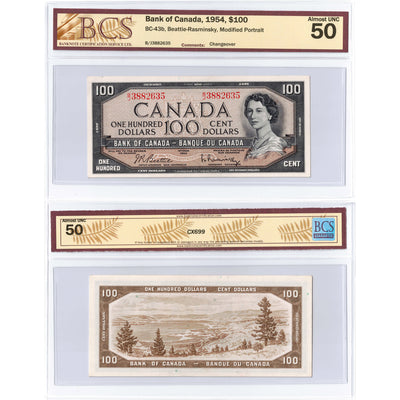 $100 1954 Bank of Canada Note Modified Beattie-Rasminsky BC-43b - BCS AU-50