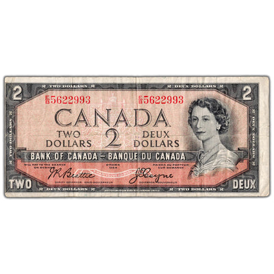 $2 1954 Bank of Canada Note Devil Face E/B Prefix BC-30b - Fine
