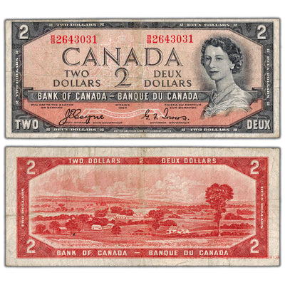 $2 1954 Bank of Canada Note Devil Face B/B Prefix BC-30a - Fine