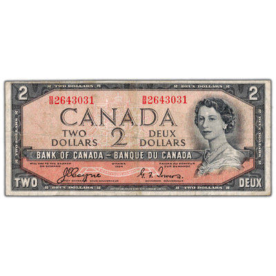 $2 1954 Bank of Canada Note Devil Face B/B Prefix BC-30a - Fine