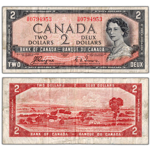 $2 1954 Bank of Canada Note Devil Face D/B Changeover Prefix BC-30a - Fine+