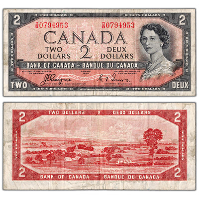 $2 1954 Bank of Canada Note Devil Face D/B Changeover Prefix BC-30a - Fine+