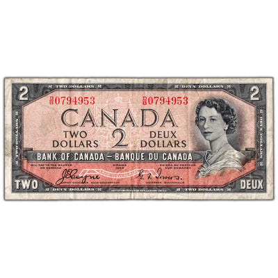 $2 1954 Bank of Canada Note Devil Face D/B Changeover Prefix BC-30a - Fine+