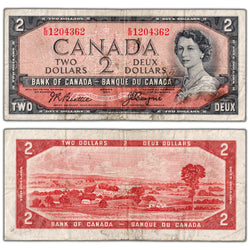 SOLD $2 1954 Bank of Canada Note Devil Face E/B Prefix BC-30b - F/VF (soiling)