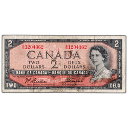 SOLD $2 1954 Bank of Canada Note Devil Face E/B Prefix BC-30b - F/VF (soiling)