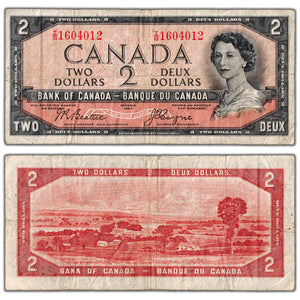 $2 1954 Bank of Canada Note Devil Face I/B Changeover Prefix BC-30a - Fine (mnr pinholes)