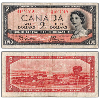 $2 1954 Bank of Canada Note Devil Face I/B Changeover Prefix BC-30a - Fine (mnr pinholes)