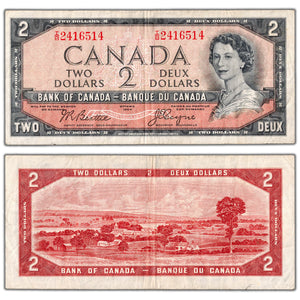 $2 1954 Bank of Canada Note Devil Face I/B Changeover Prefix BC-30b - F/VF