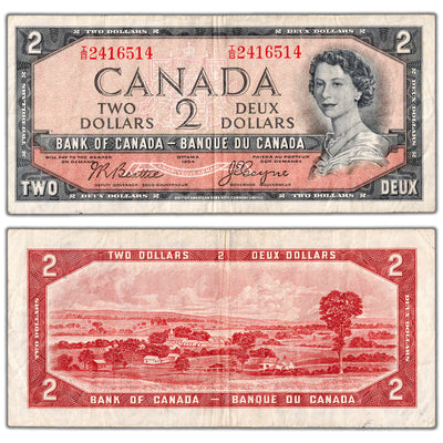$2 1954 Bank of Canada Note Devil Face I/B Changeover Prefix BC-30b - F/VF